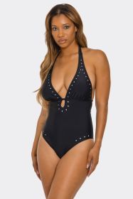 2719 Geo Accent Swimsuit (Color: BLACK, size: S)
