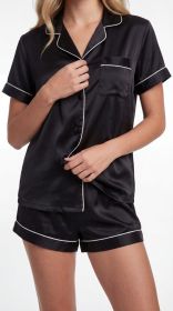 2951 Satin PJ Set W/ Piping (Color: BLACK, size: XS)