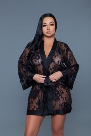 2275 Delia Robe Floral Lace Robe with Satin Trimming (Color: BLACK, size: M)